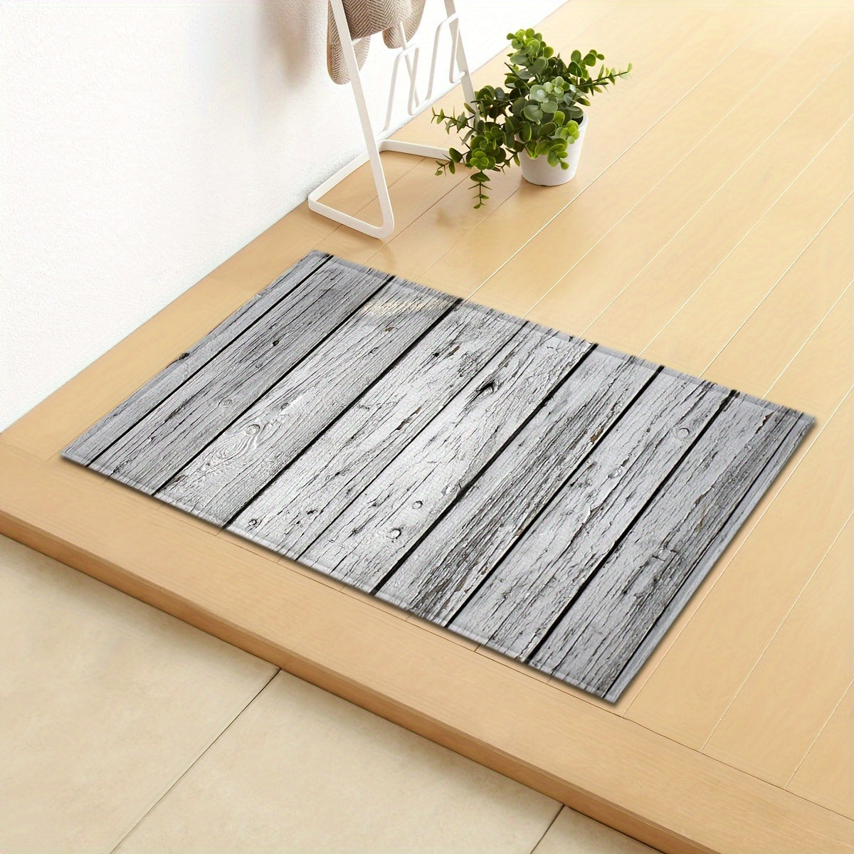 Gray and White Wood Grain Entrance Mat Water Absorbent Non-Slip Floor Rug