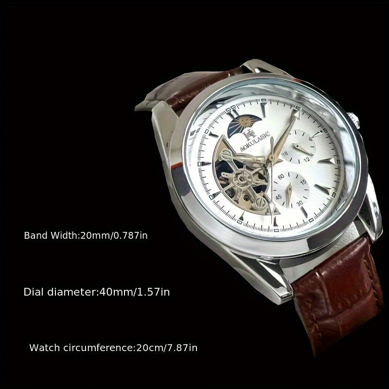 Men's Mechanical Watch with Moon Phase Pointer Semi-Hollow Ball Design Leather Strap