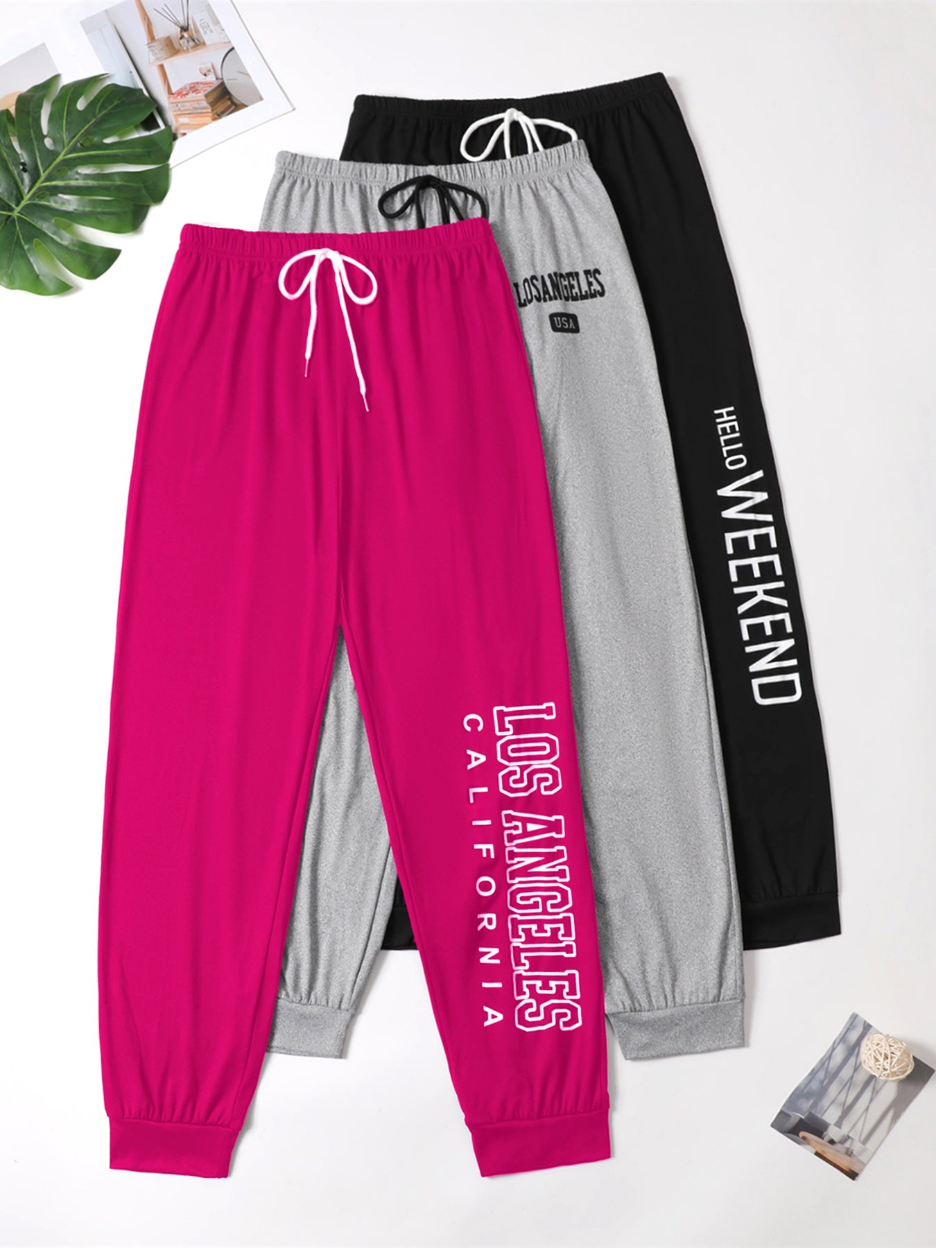 Plus Size Women’s Cozy Lounge Pants 3-Pack With Elastic Waist and Drawstring