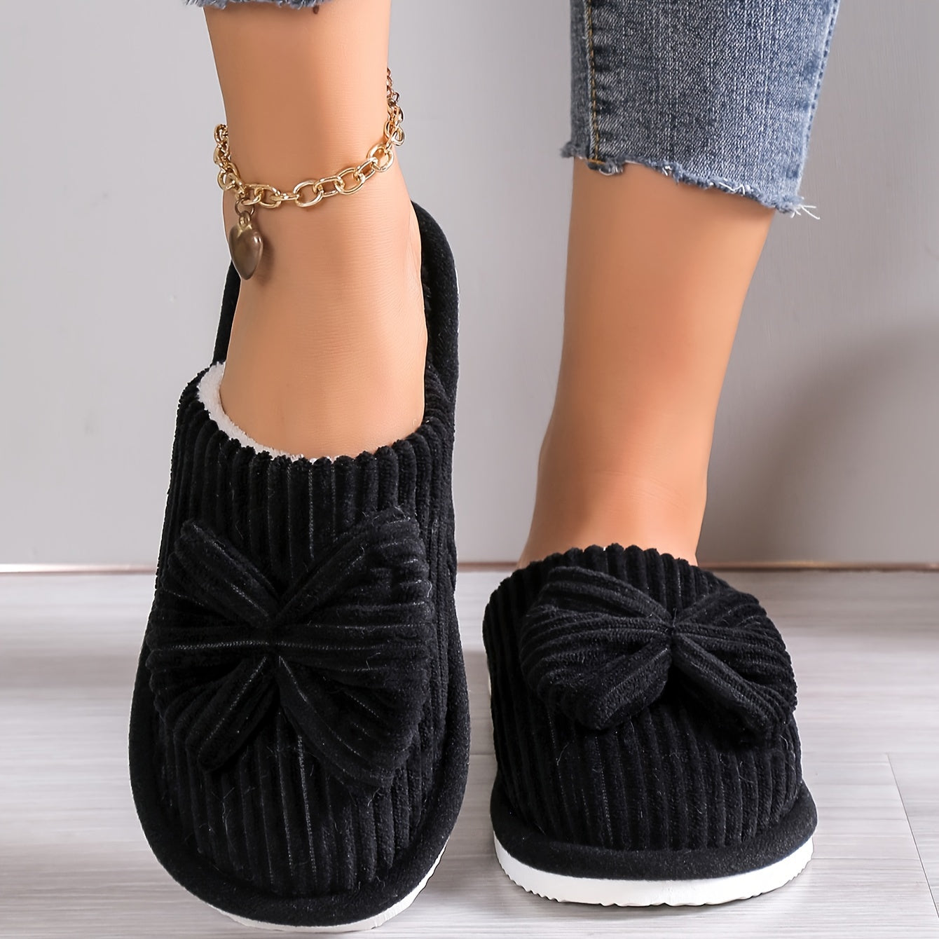 Fuzzy Slippers with Bowknot Soft Sole Fabric Indoor Casual Slip-On for Winter