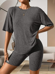 Women's Casual Rib-Knit Viscose Pajama Set with Crew Neck Half Sleeve Top and Shorts