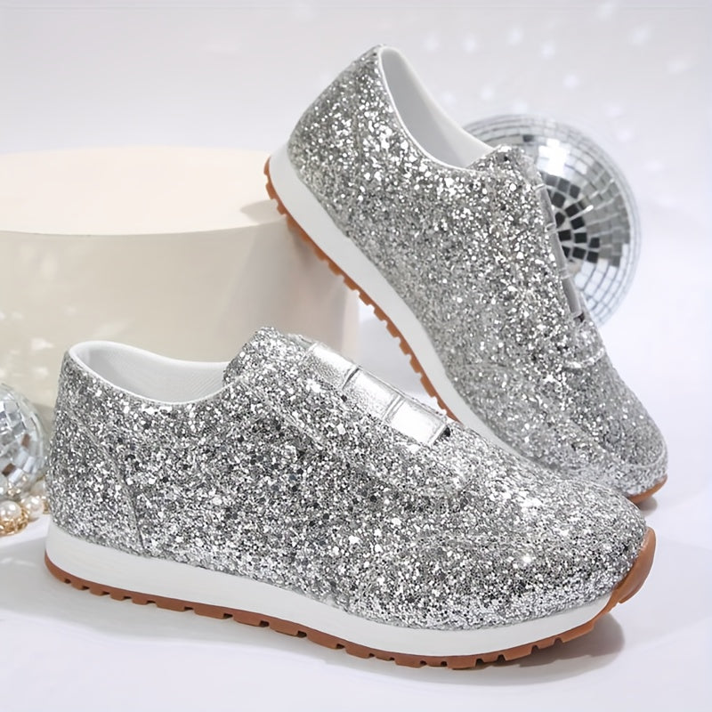 Women Silver Sneakers Low Top Slip-On Breathable Athletic Shoes