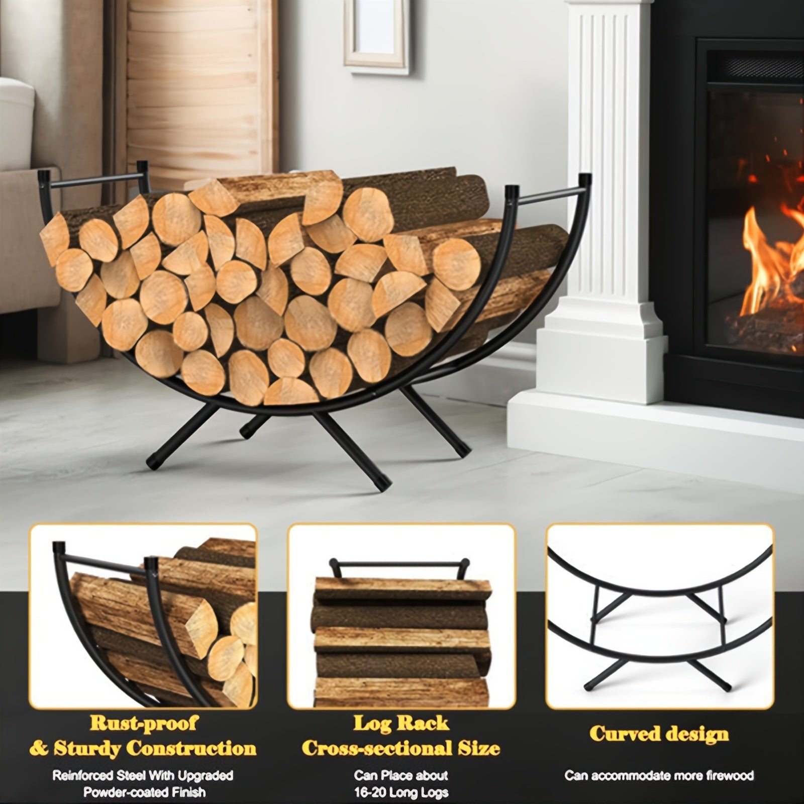 Metal Firewood Rack Curved Waterproof Rustproof Indoor Outdoor Log Holder