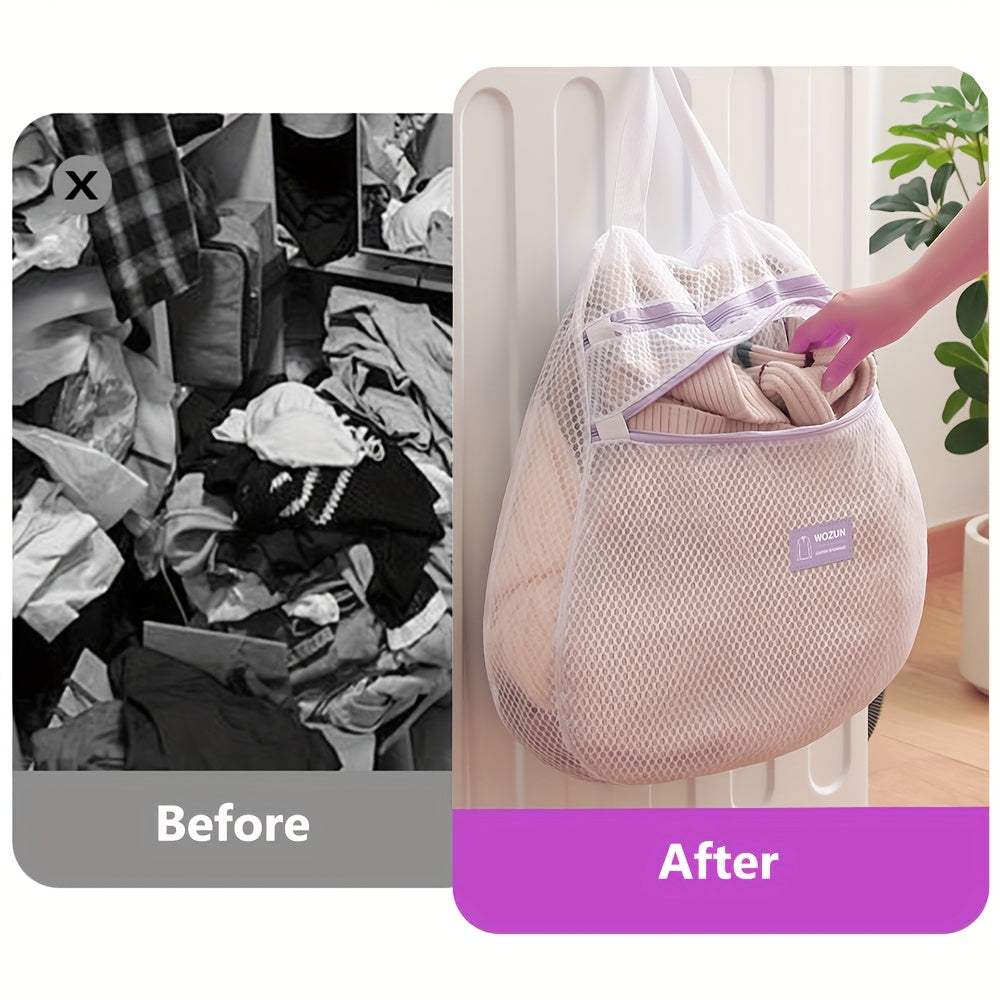 Double Layer Polyester Laundry Bag with Zipper and Reinforced Handle for Travel and Organization