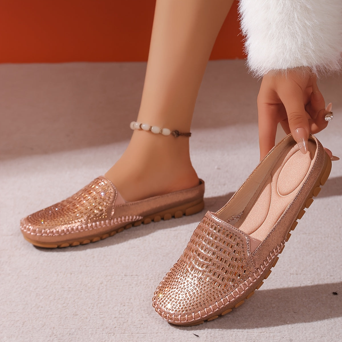 Zapatillas casuales para exteriores para mujer, zapatos planos ligeros con detalles de lentejuelas