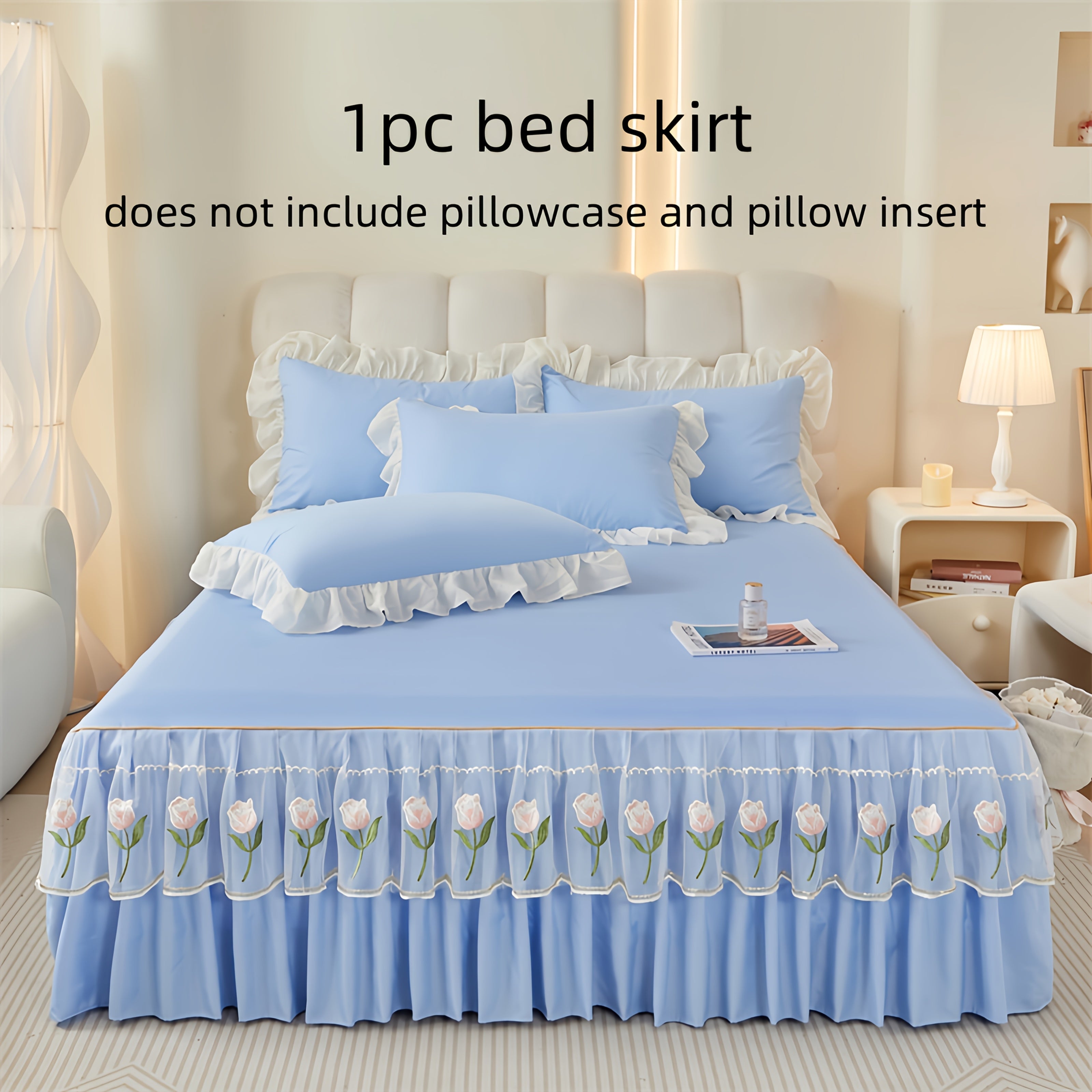 Falda de cama de lujo con borde de encaje y bordado de rosas, lavable a máquina, poliéster suave, fijación antideslizante con cinta