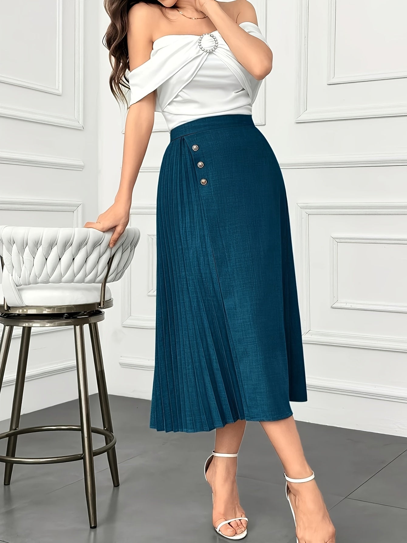 Plus Size Dark Blue Pleated Midi Skirt Ruffled Hem Belted Waist