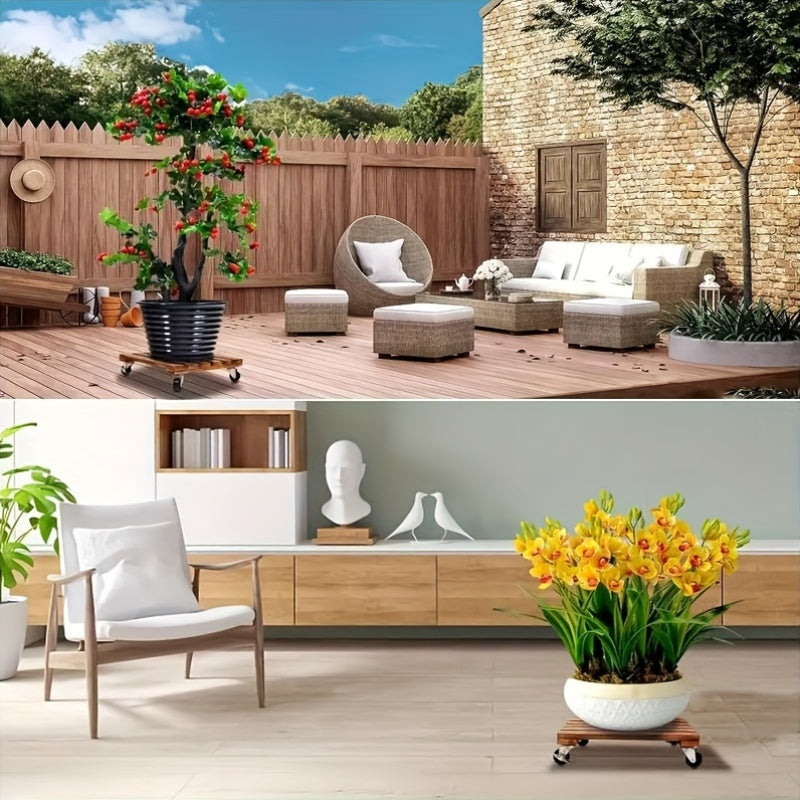 Qattiq yog'ochdan yasalgan o'simlik aravachasi, qulflanadigan g'ildiraklari bilan, og'ir o'simliklarni ichkariga yoki tashqariga ko'chirish uchun mukammal.