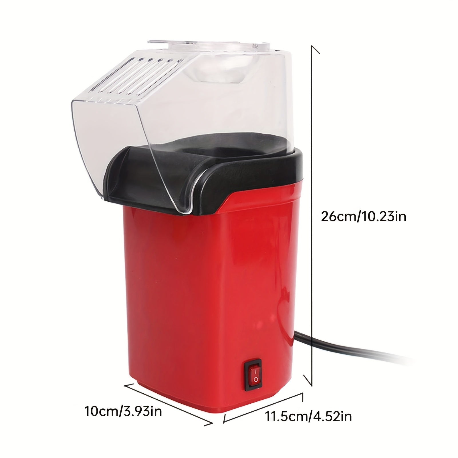 1100W yog'siz elektr popcorn tayyorlagich, shaffof konteyner va qora dozator bilan