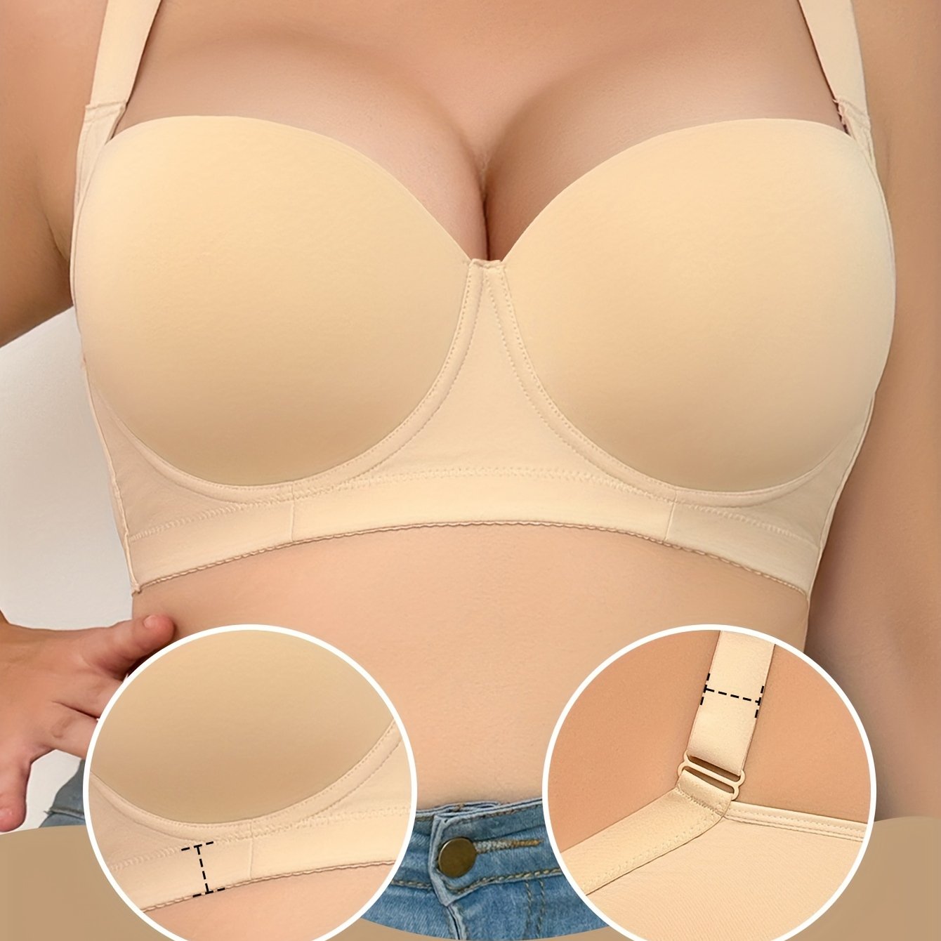 Katta o'lchamdagi braletlar, olib tashlanmaydigan to'ldiruvchi, oddiy uslub, simli qo'llab-quvvatlash va sozlanadigan xususiyatlar bilan. Poliamid va elastandan tayyorlangan, o'rtacha cho'ziluvchan mato, bir rangda.