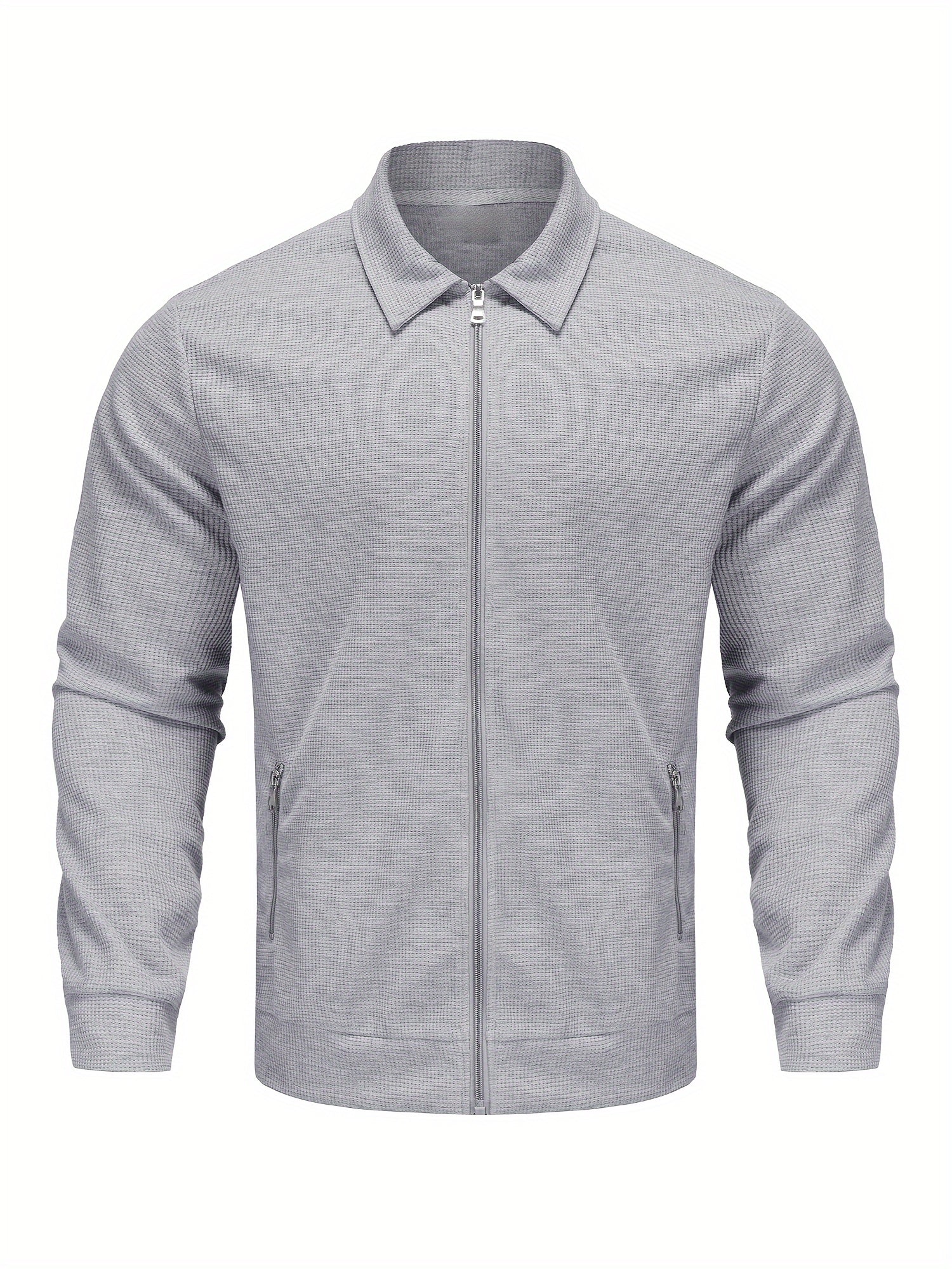 Vafli tuzilishga ega polyester sport kostyumi, tasodifiy yaka jeketi va fermuar tafsilotlari bilan uzun shimlar to'plami, mustahkam rangli bo'sh to'qilgan mato, uzun yenglar, to'liq polyester tarkibi.