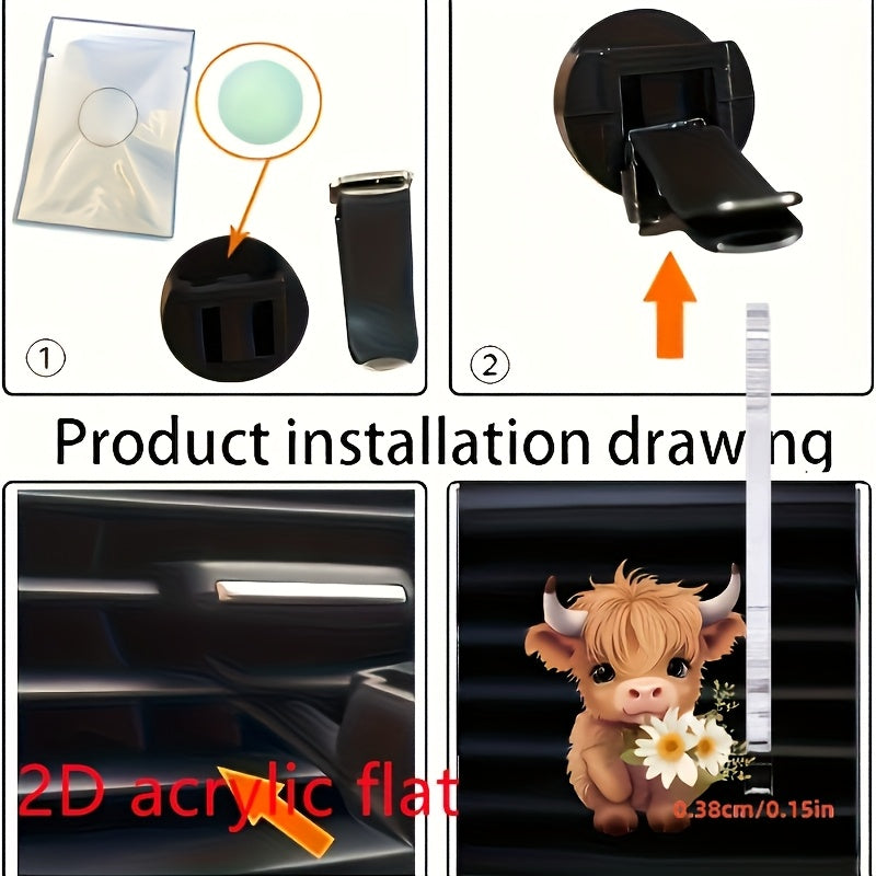 Cute Highland Cow Car Air Freshener Acrylic Fragrance Diffuser with Flowers