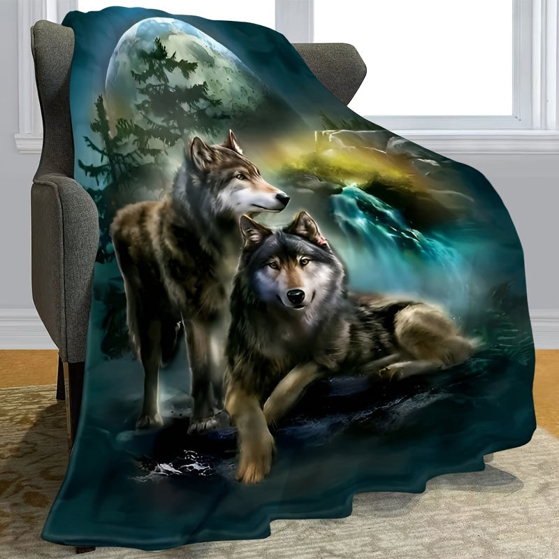 Glam Wolf Moon Green Plush Throw Blanket Hypoallergenic Fleece All-Season