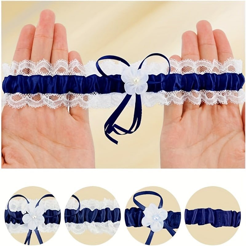 Set of 2 Lace Bridal Garters with Faux Pearl Stretch for Weddings and Special Occasions