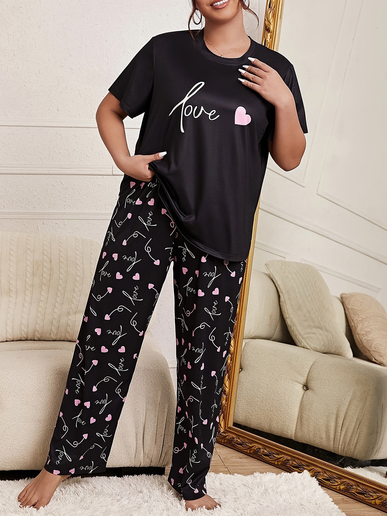 Plus Size Womens Pajama Set Colorful Heart Print Long Sleeve Top and Pants
