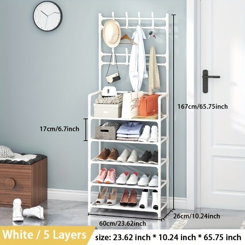3-in-1 Metal Shoe Rack with Dust Cloth and Hooks for Entryway Living Room Bedroom