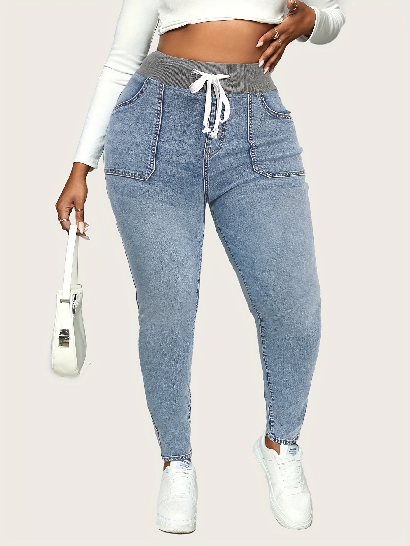 Men's Denim Jeans Slim Fit Wide Ribbed Wide Waistband Casual Stylish