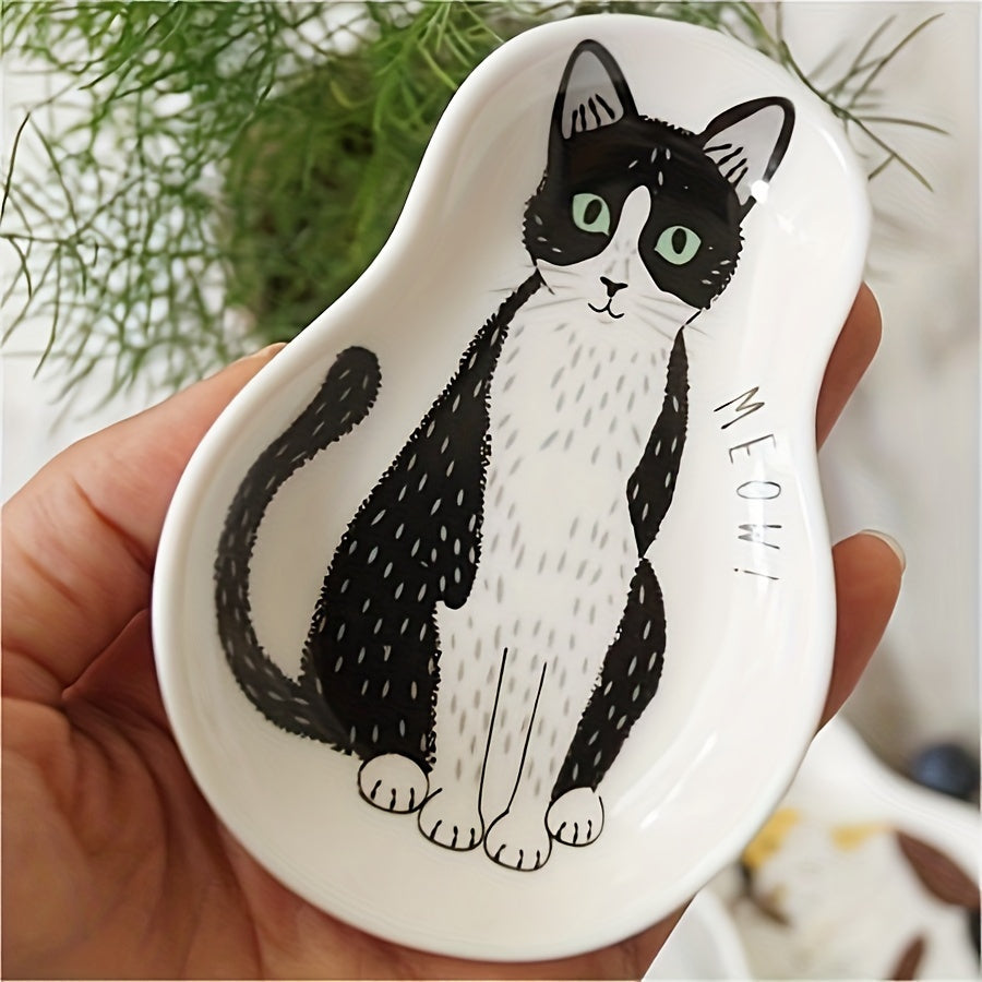 Ceramic Sauce Plate with Kitten Pattern Small Kitchen or Dorm Room Dish