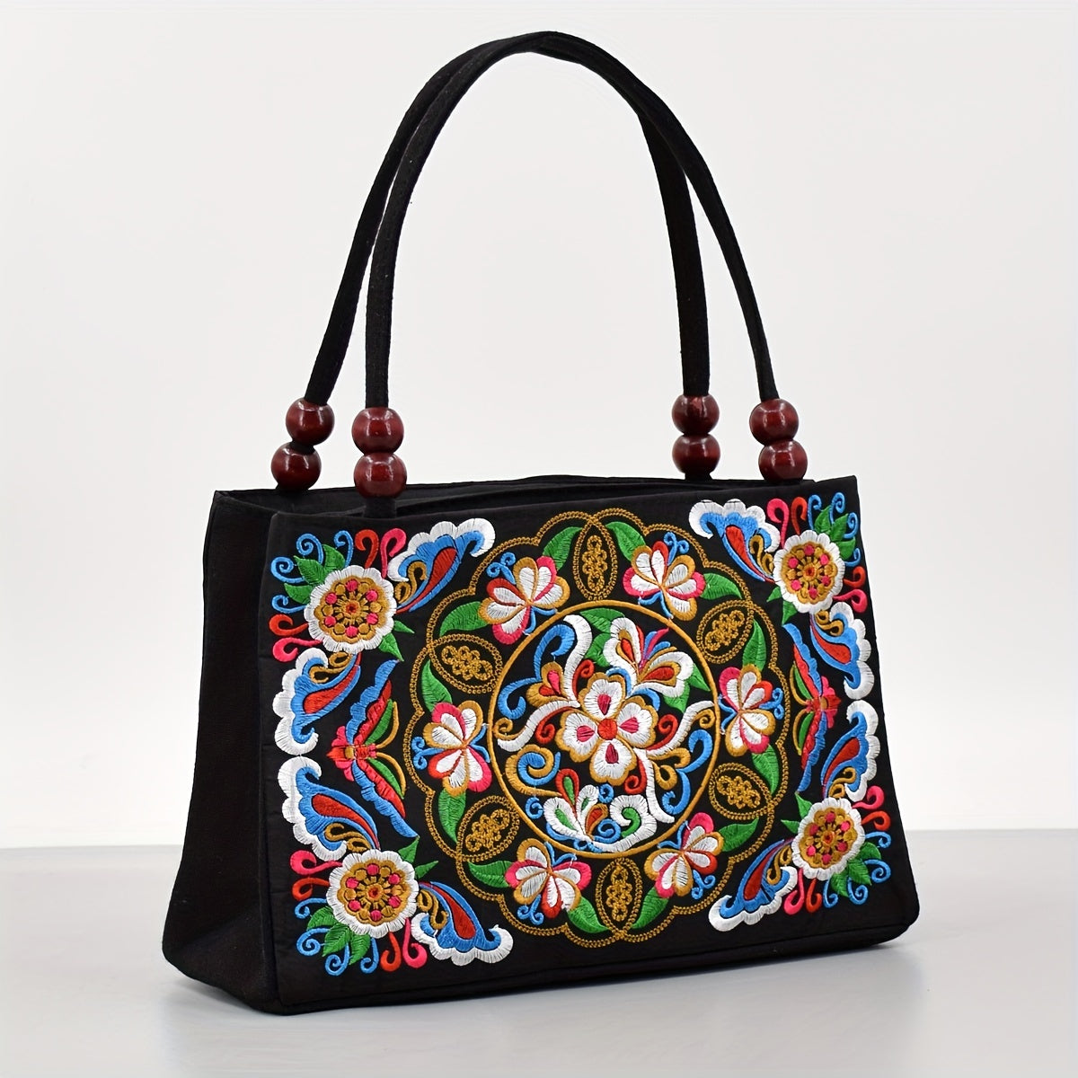 Women's Canvas Floral Embroidered Tote Bag with Double Zipper Closure