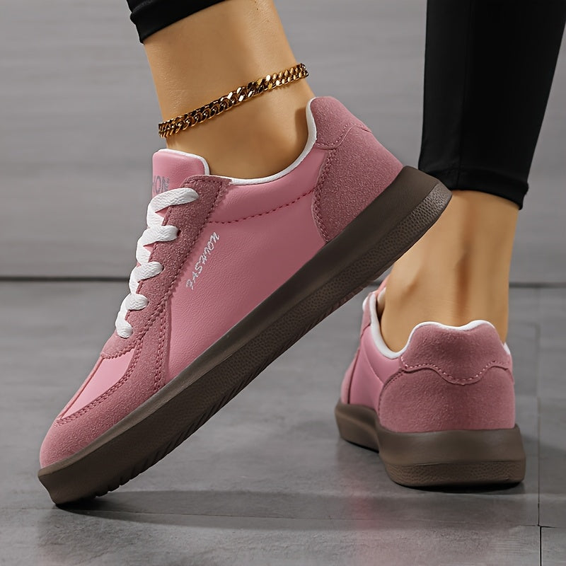 Women's Lightweight Breathable Casual Sneakers Low-Top Lace-Up Skate Shoes Pink White