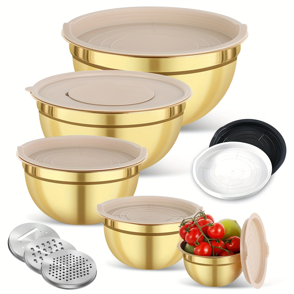 Set of 3 or 10 Stainless Steel Mixing Bowls with Lids and Grater, Rust-Resistant