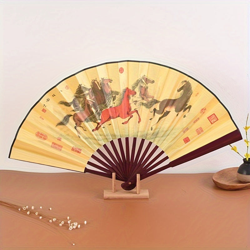 Ancient Style Chinese Folding Fan with Peony Plum Eight Jun Artwork 8-Inch