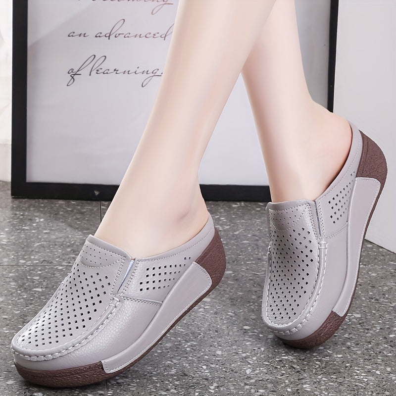 Women's Slip-On Loafers Summer Hollow-Out Round Toe Soft Non-Slip Comfort Leather