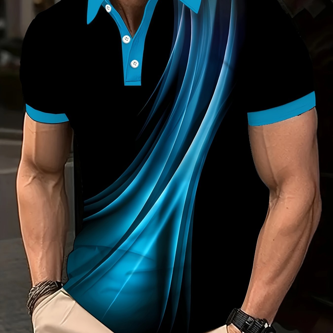 Men's Plus Size Golf T-Shirt with Retro Blue Lines Geometric Design Summer Casual Big and Tall