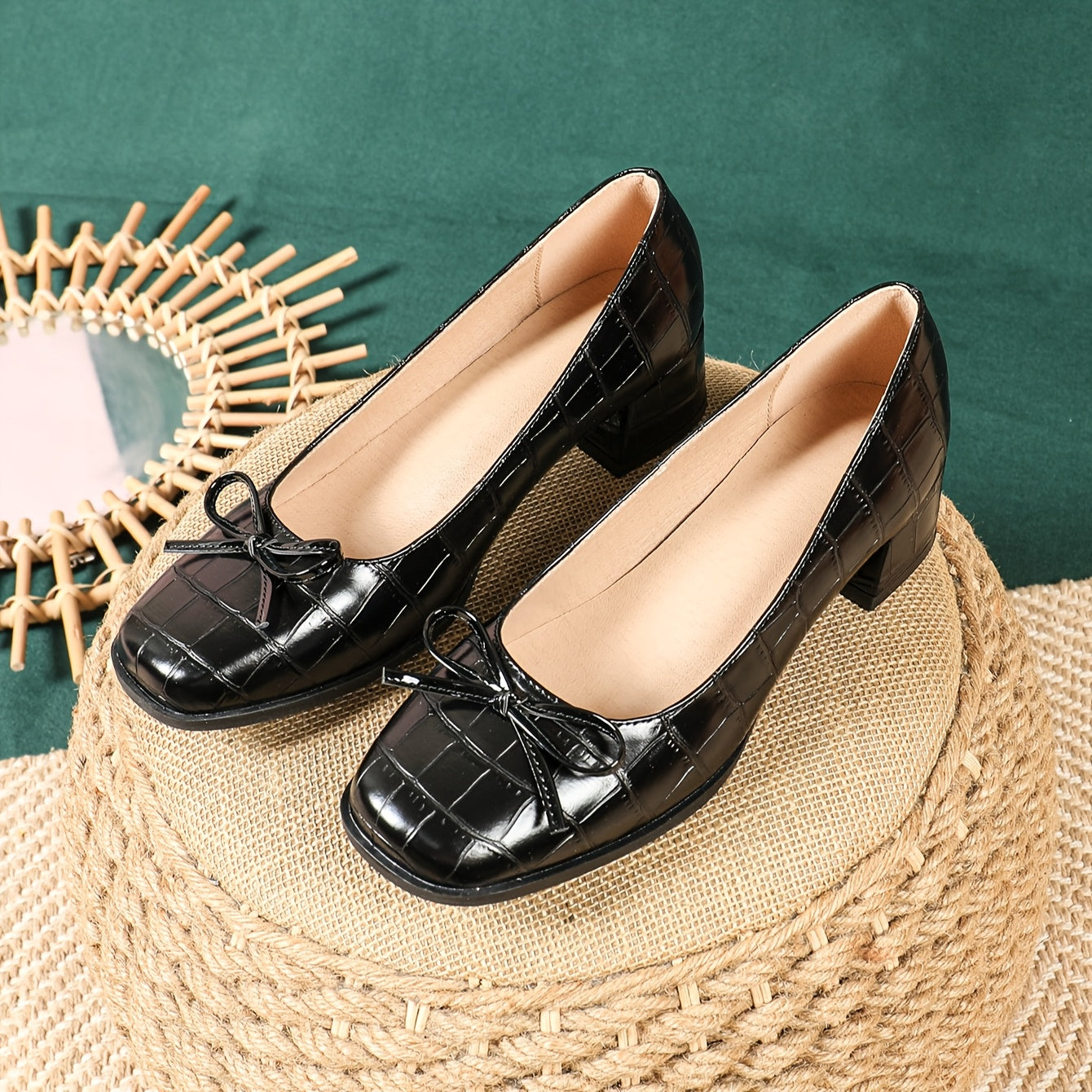 Women's Casual High Heels Slip-On Bow Buckle Round Toe Solid Colors