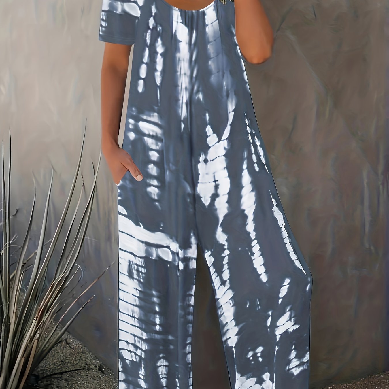 Plus Size Stripes Print Crew Neck Jumpsuit Casual Short Sleeve Loose Pockets