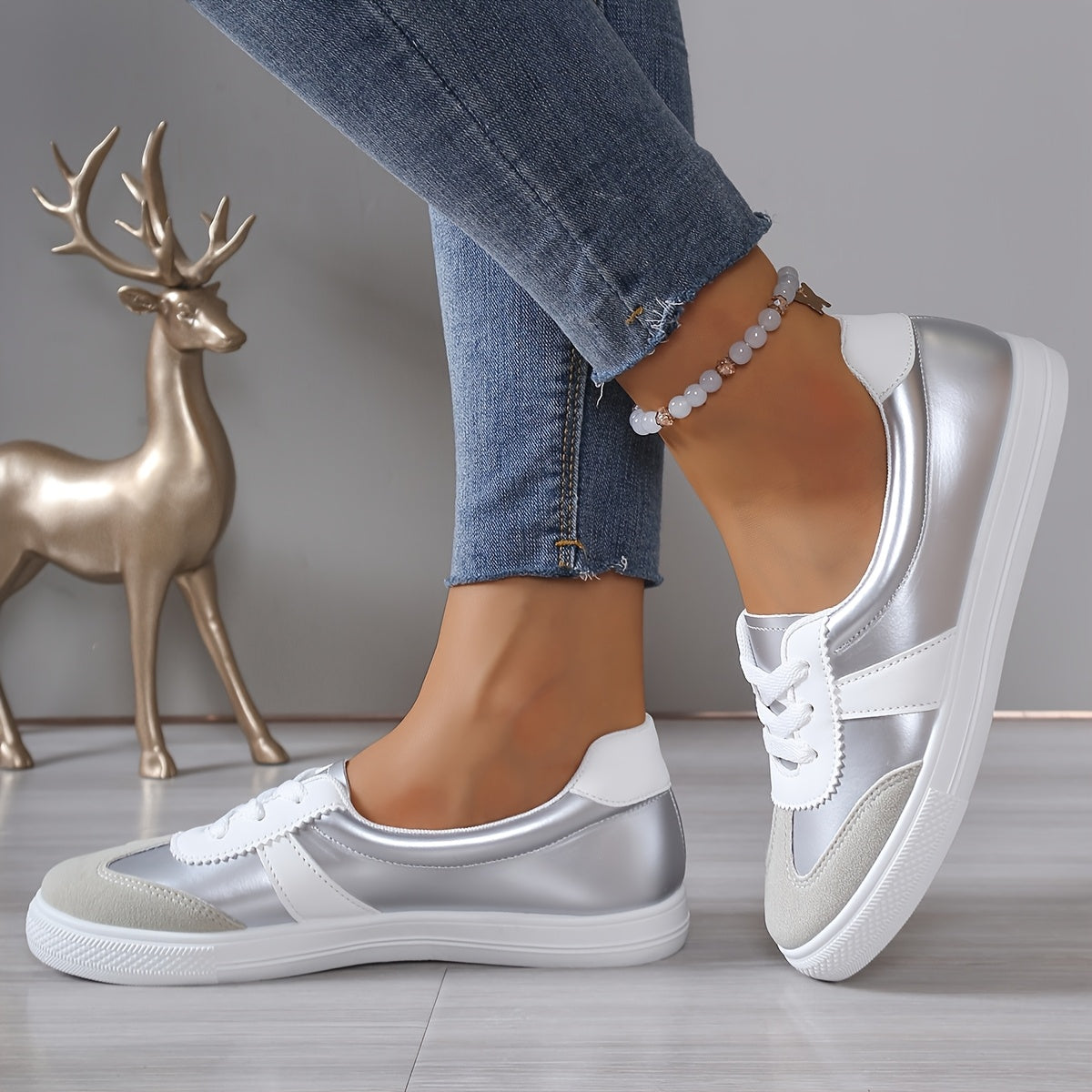 Women's Casual White Sneakers with Color Block Design and Lightweight Sole
