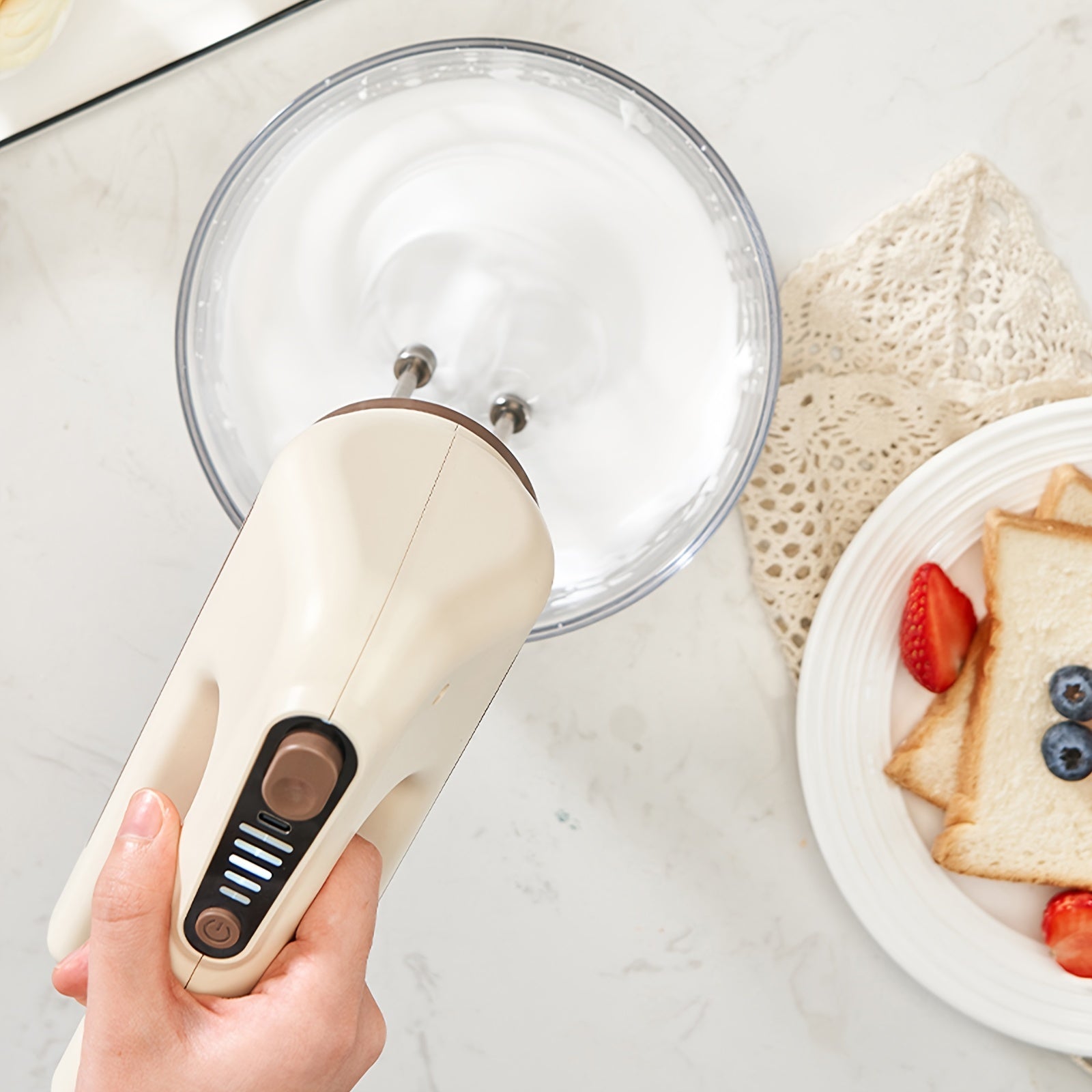 Dual-Color Rechargeable Electric Hand Mixer with 5-Speed Control and Stainless Steel Whisks
