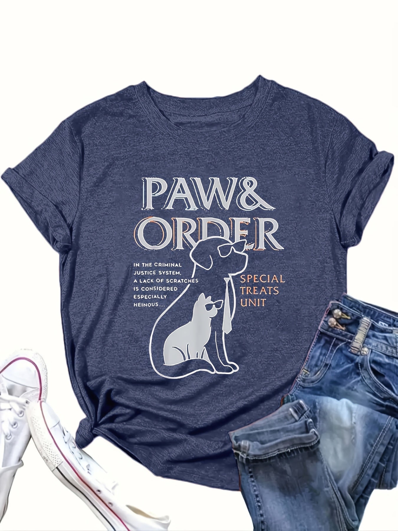 Women's Plus Size Casual T-Shirt with Paw Print Crew Neck All-Season