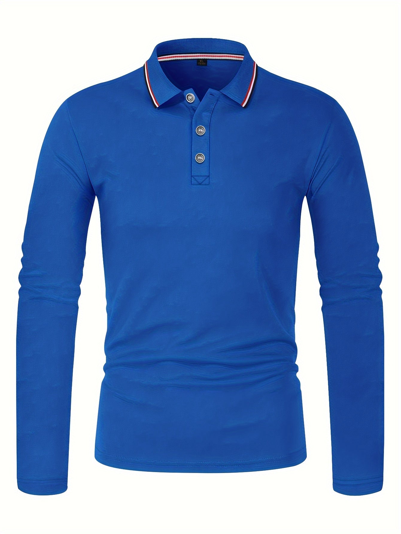 Erkaklar uchun tasodifiy polo ko'ylak, nafas oladigan qulay mato, uzun qo'l, burma yaka, bir xil rang, oddiy kesim, to'qilgan mato, 100% polyester, tugma tafsilotlari, kuz mavsumi uchun mos -