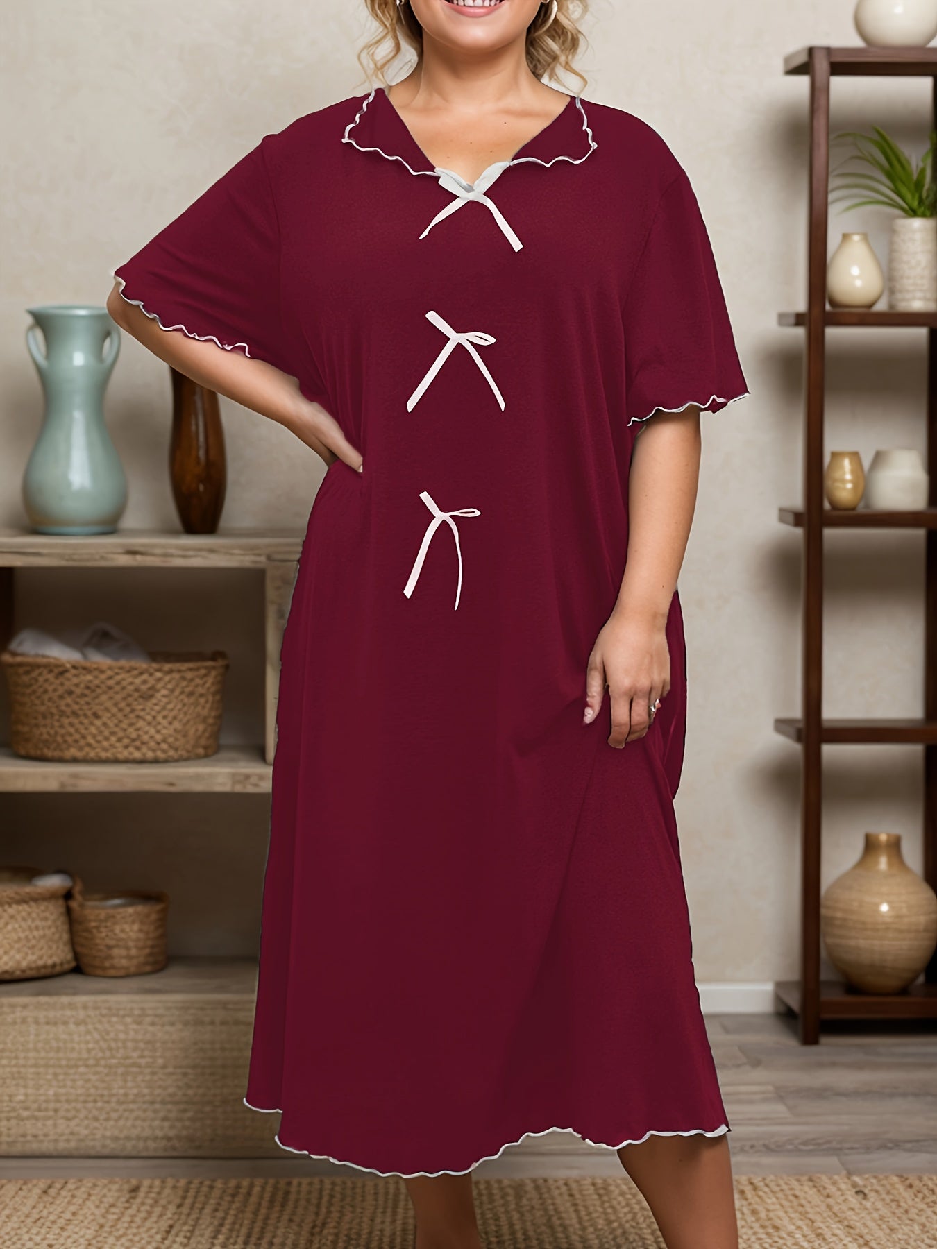 Plus Size Women's Red Satin Ruffle Hem Nightgown Dress