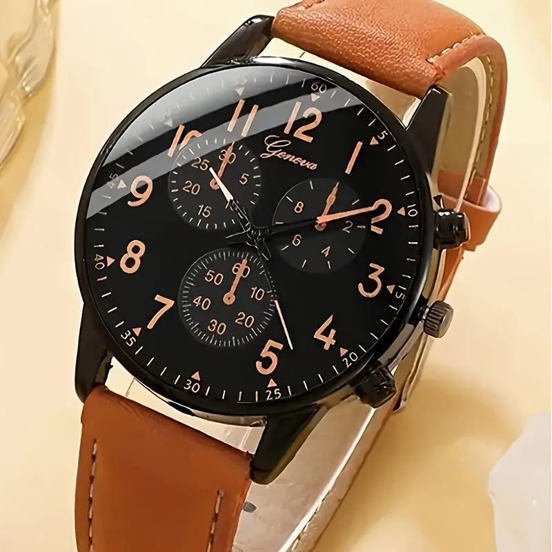 Men's Brown Faux Leather Quartz Watch and Bracelet Set with Date Display Not Waterproof Gift for Valentine's Day Easter Ramadan Eid Al-Adha