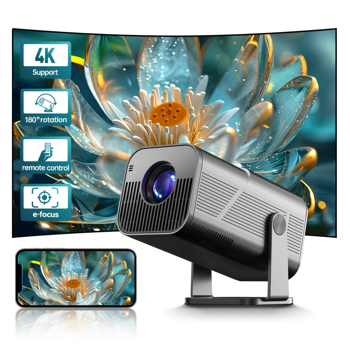 Mini 4K HD simsiz proyektor WiFi bilan, avtomatik keystone, yorqin LED, ichki o'yinlar va ofis uchun