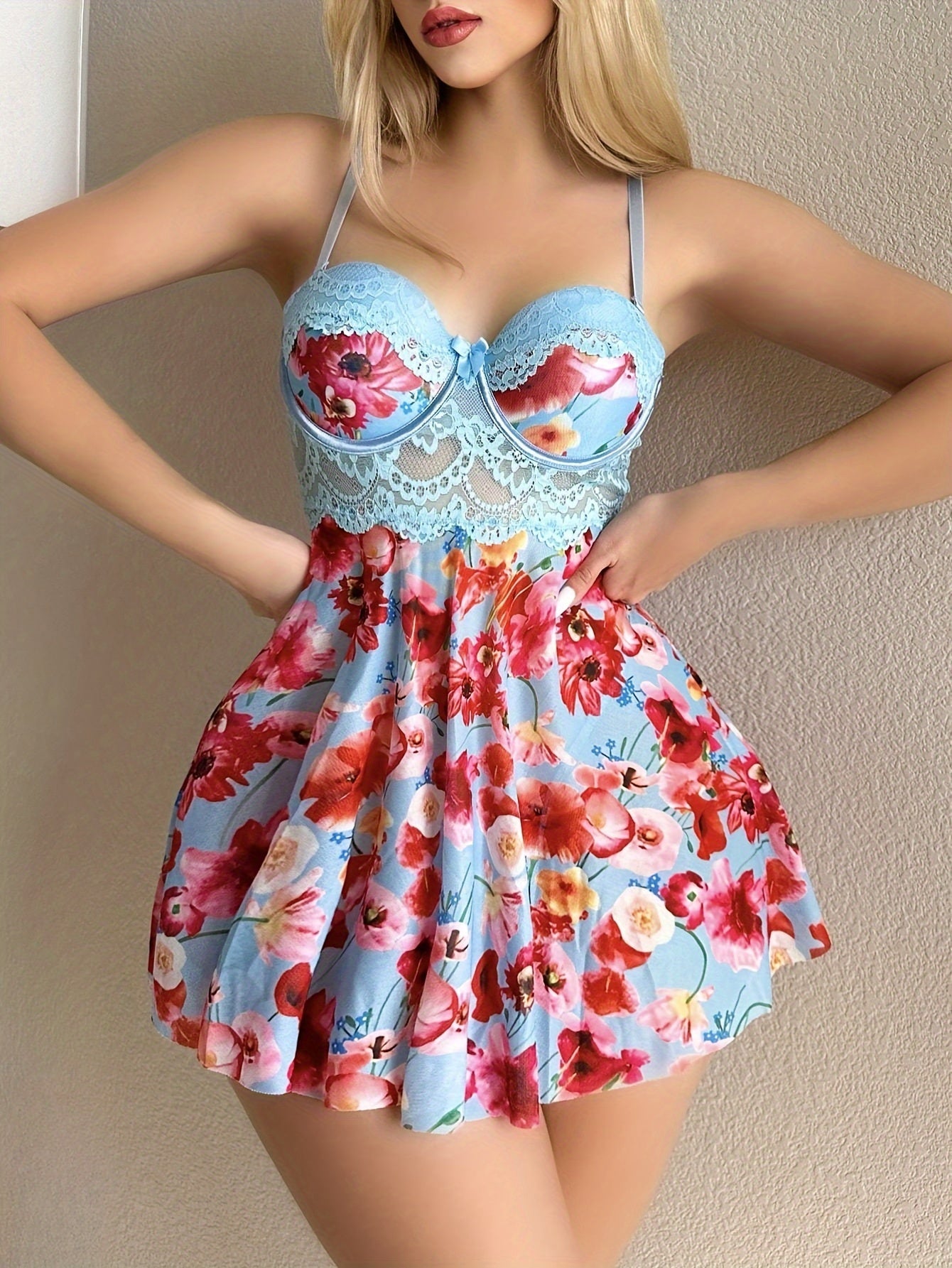 Vestido slip de encaje semi-translúcido para mujer con sujetador incorporado y detalle de lazo