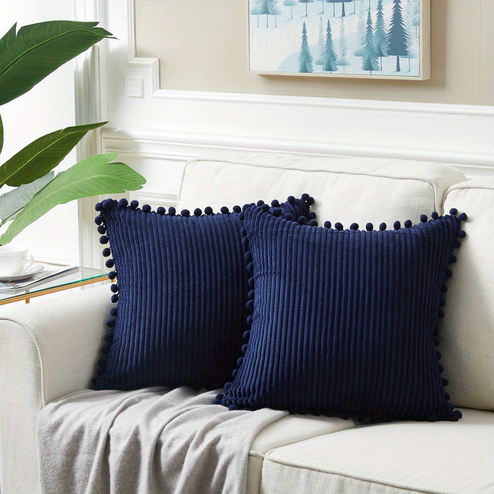 Набор из 2-х бохо наволочек для подушек с помпонами и акцентом из вельвета. Сплошные квадратные подушки для различных пространств. (18x18 дюймов/45x45 см). ВКЛЮЧЕНИЯ НЕ ВХОДЯТ.