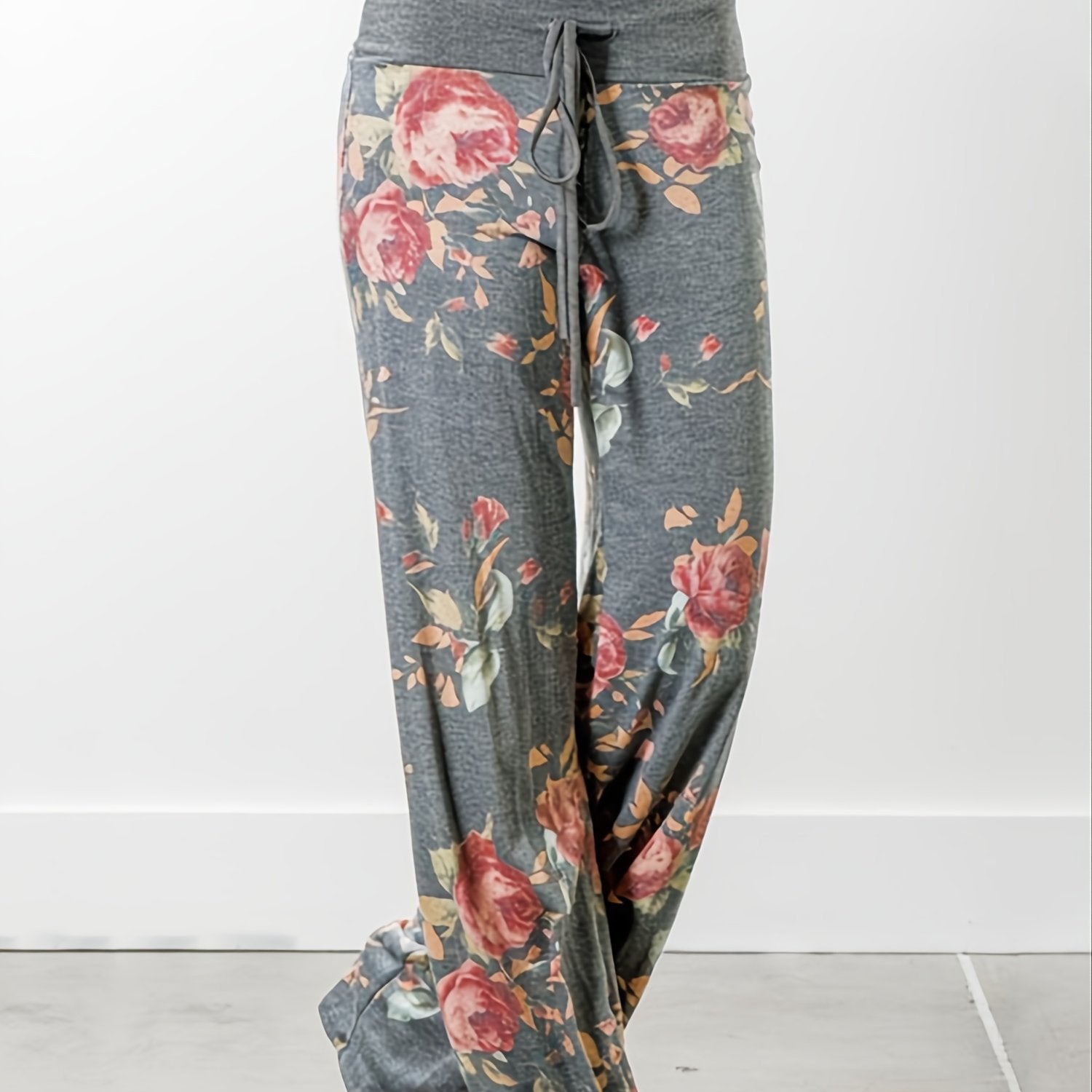 Women's Plus Size Floral Print Wide Leg Lounge Pants with Drawstring