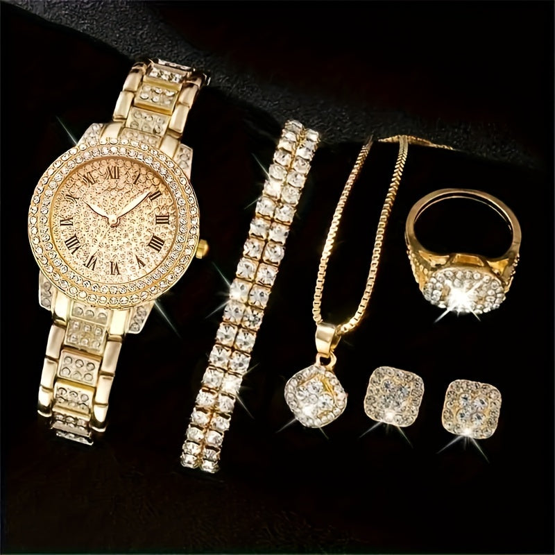 Women's Gold Quartz Watch and Jewelry Set for Gift Giving