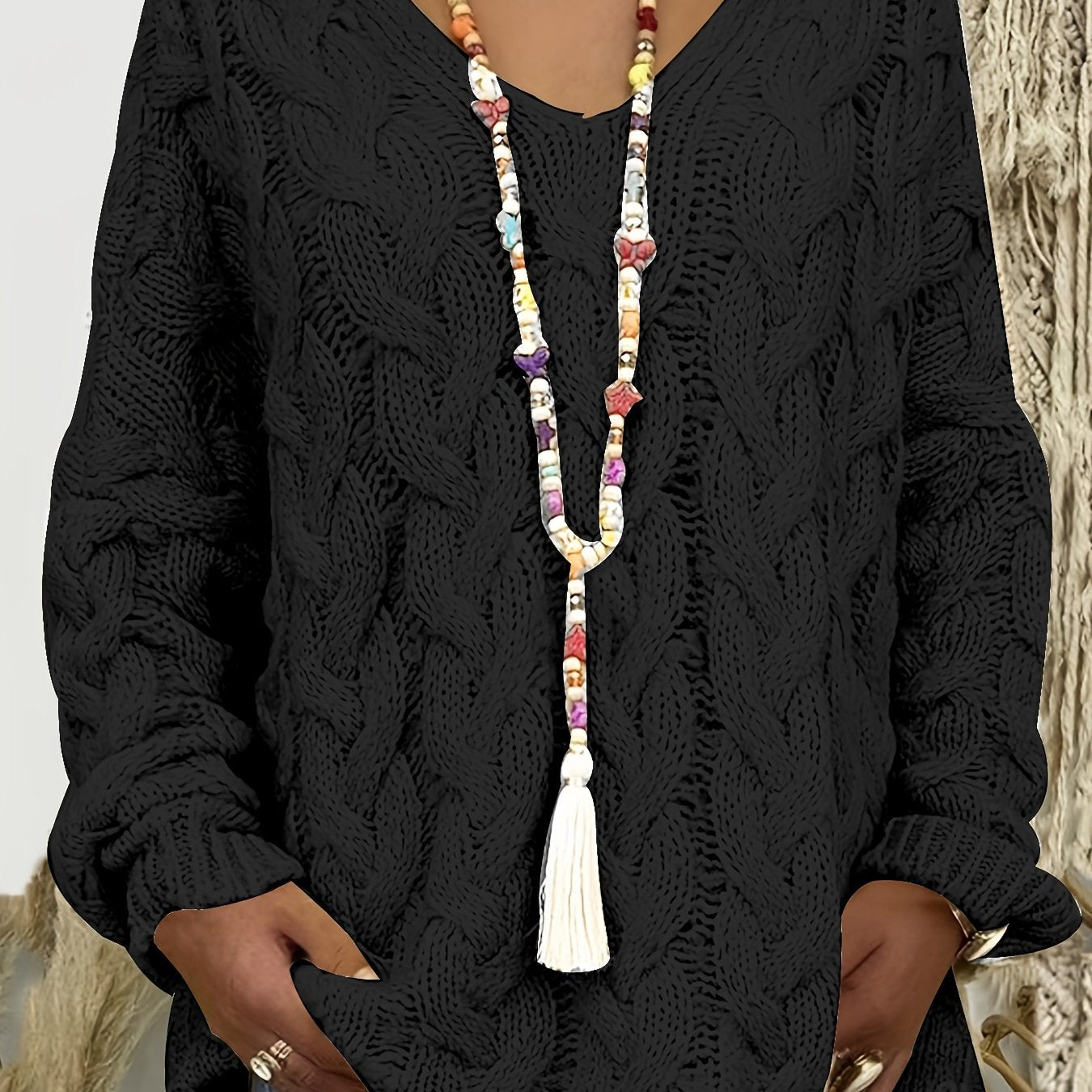 Женский вязаный свитер с капюшоном больших размеров, с длинными рукавами, V-образным вырезом, пуловер