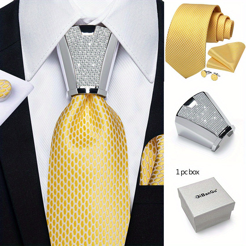 Men's Business Accessory Set with Silver Ring Cufflinks and Handkerchief