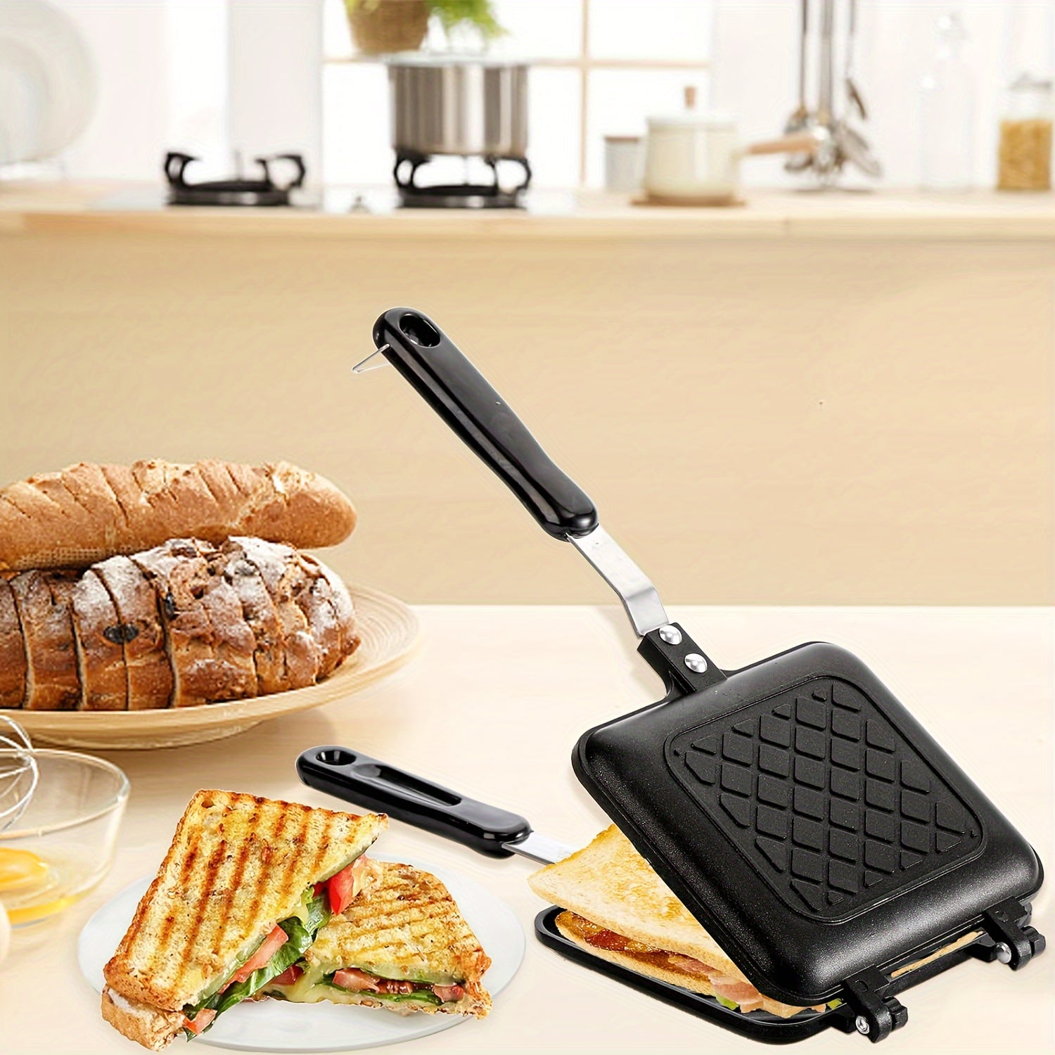 Non-Stick Square Sandwich and Waffle Maker with Double-Sided Roasting Pan for Breakfast and Camping