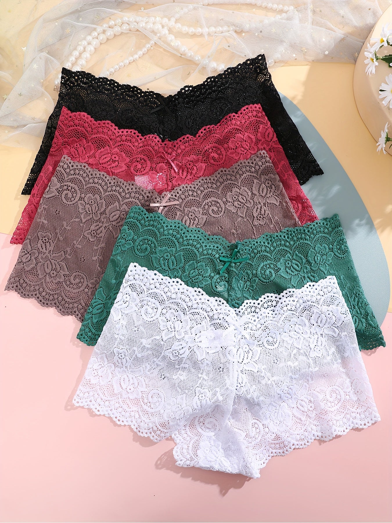 Women's Floral Lace Mid-Rise Panties Solid Color Sexy Knit Shorts Set of 5