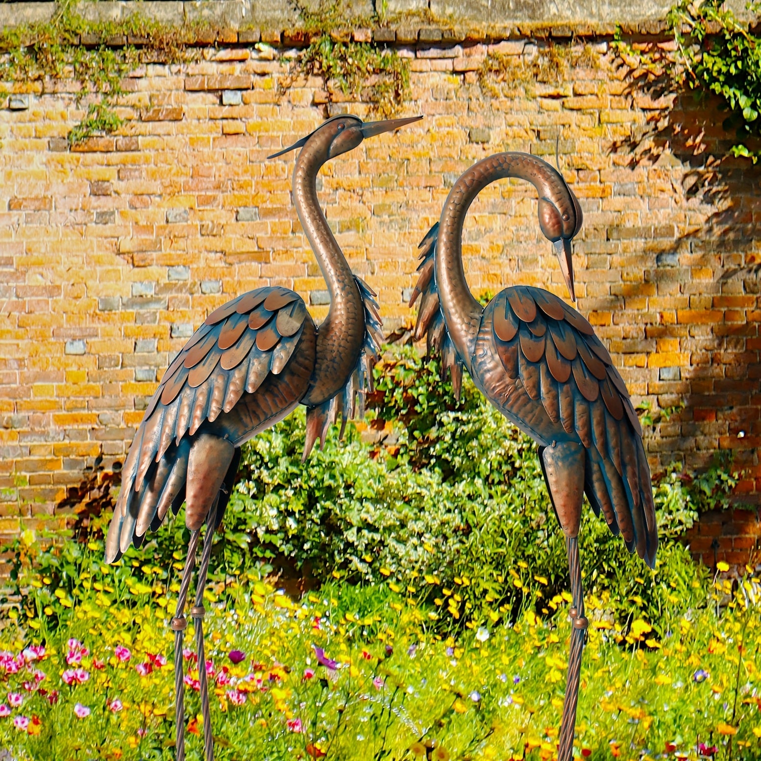 Vintage Copper Metal Crane Statue Outdoor Garden Decor 68-71cm Pack of Two