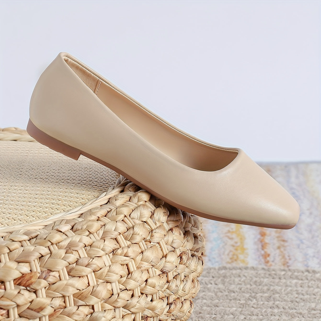 Zapatos planos de mujer de charol sintético con punta cuadrada, beige, con plantilla acolchada y antideslizante para todas las estaciones