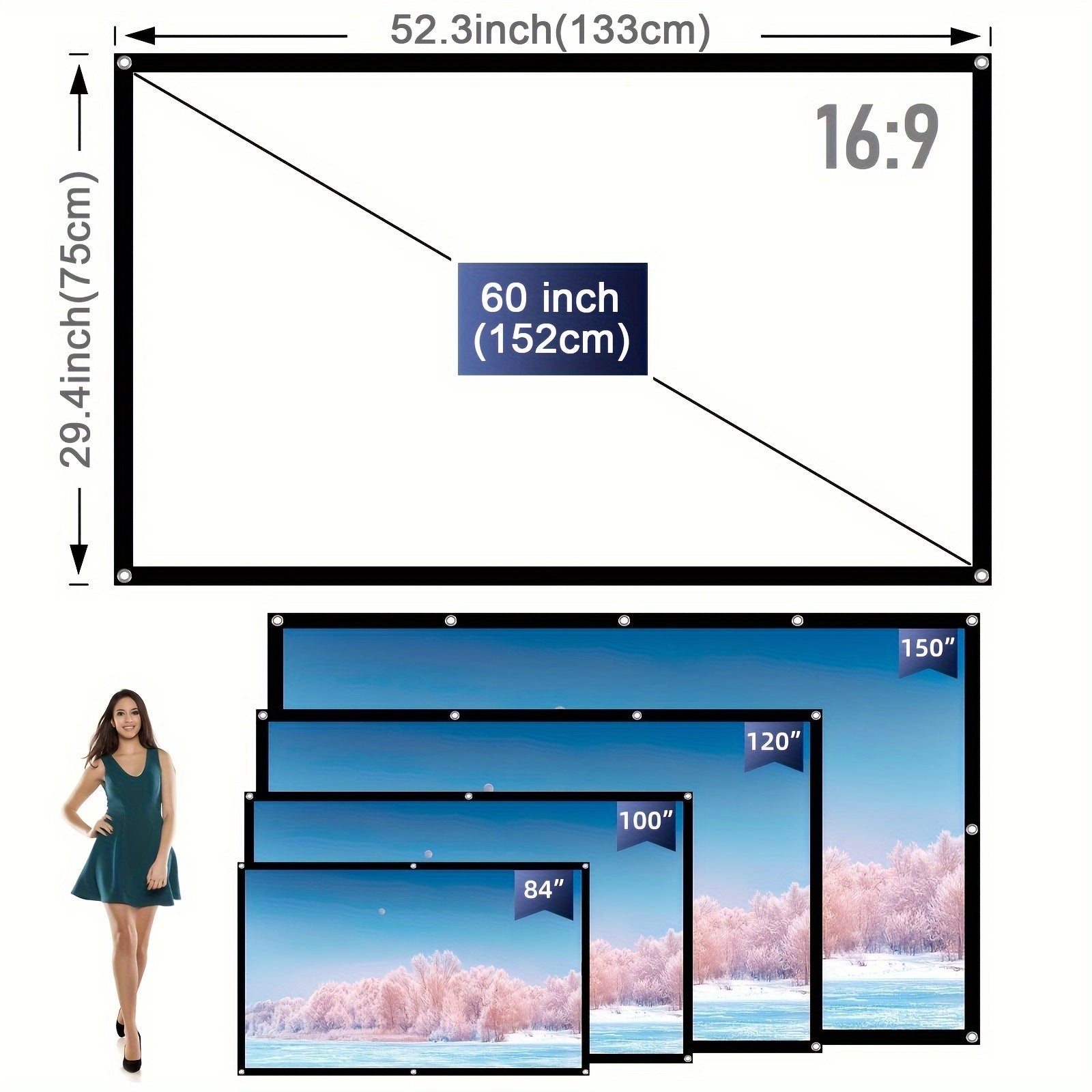 Portable 16:9 Polyester Projector Screen 60-150 Inch Indoor Outdoor Foldable Wrinkle-Resistant