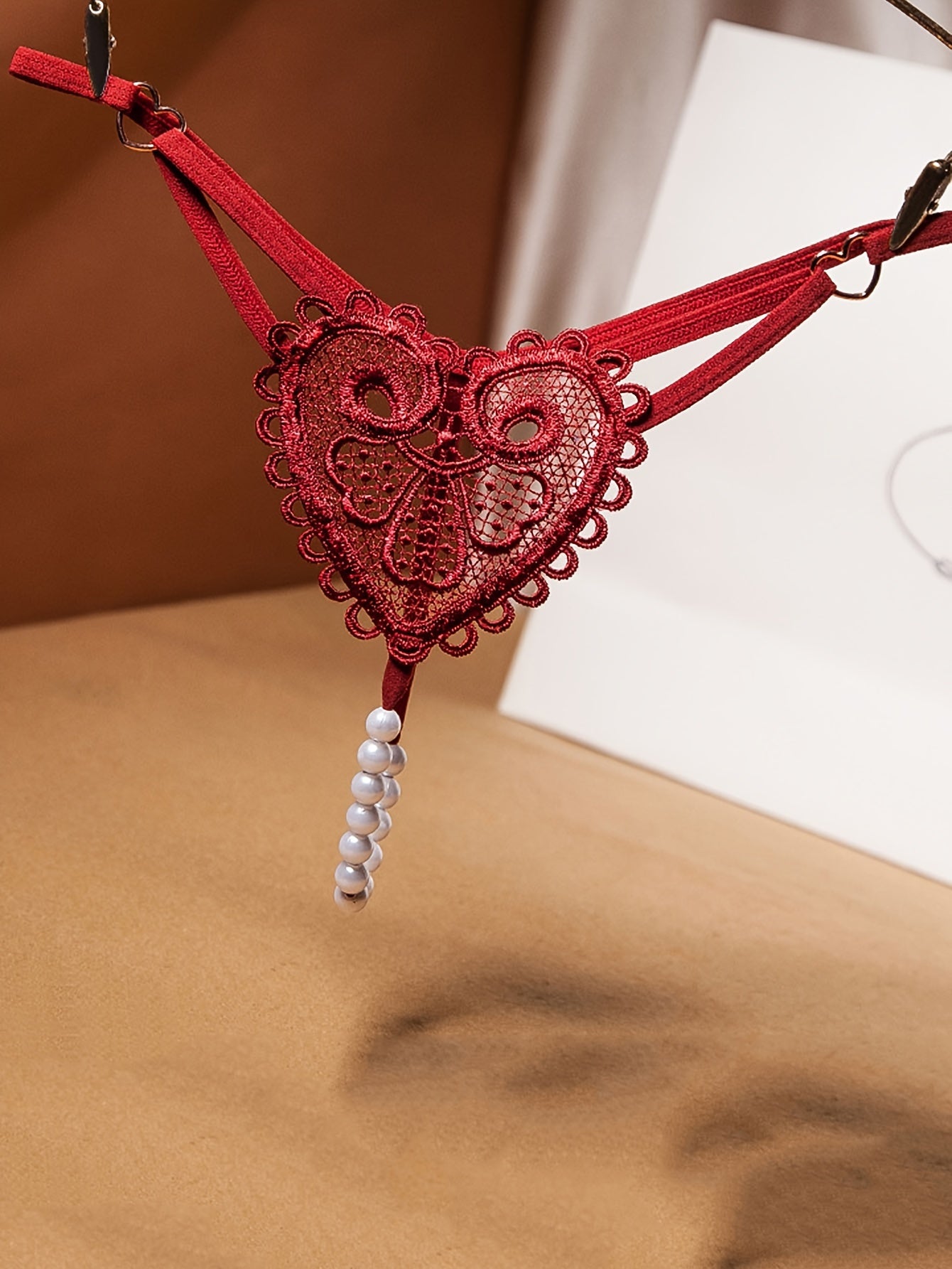 Women's Low Waist Pearl Thong with Heart-Shaped Hollow Out Design Soft Breathable Lingerie