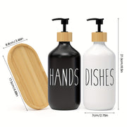 Set of 2 Refillable Soap Dispensers with Wooden Tray for Bathroom